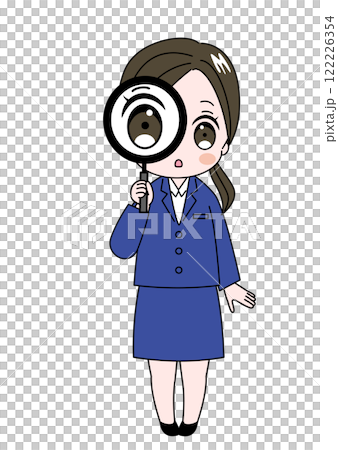 虫眼鏡で何かを調べている女性　かわいいスーツ姿の女性の全身イラスト 122226354