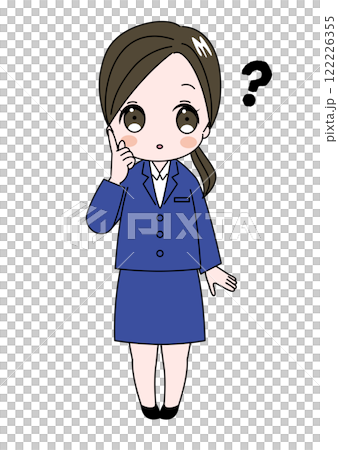 頬に手を当てて考えている女性 かわいいスーツ姿の女性の全身イラスト 頬に手を当てて考えている女性 かわいいスーツ姿の女性の全身イラスト 122226355
