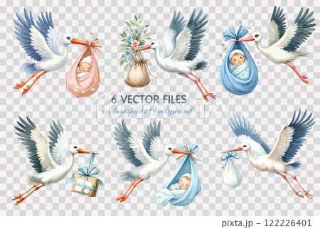 Set of Watercolor clip art stork bringing a newborn baby. Hand drawn childish illustration for nursery poster, baby shower, greeting card, invitation, tshirt, children room decor. 122226401