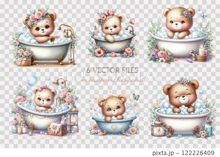 Set of Watercolor clip art the bear is bathing in the bathtub. Hand drawn childish illustration for nursery poster, baby shower, greeting card, invitation, tshirt, children room decor. 122226409