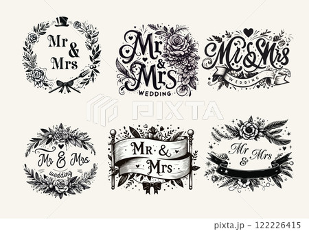 Set of Wedding marriage sign Mr and Mrs with ampersand and flourishes. Modern calligraphy for bride and groom. Wedding lettering design for cards, signs, decor, invitations etc. 122226415