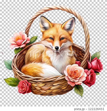 Golden fox rose basket Clipart Watercolor  122226431