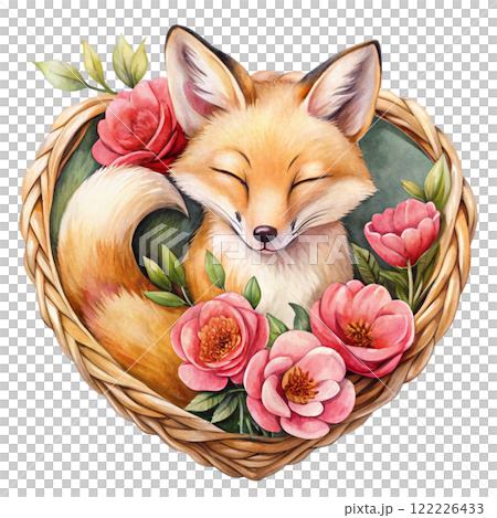 Golden fox rose basket Clipart Watercolor  122226433