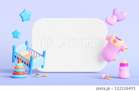 3d Girl or boy gender reveal party banner mockup. Render blank white invitation card template with blue baby crib, pink clothes, bottle, toys, stars and hearts for holiday celebration. 3D illustration 122226455
