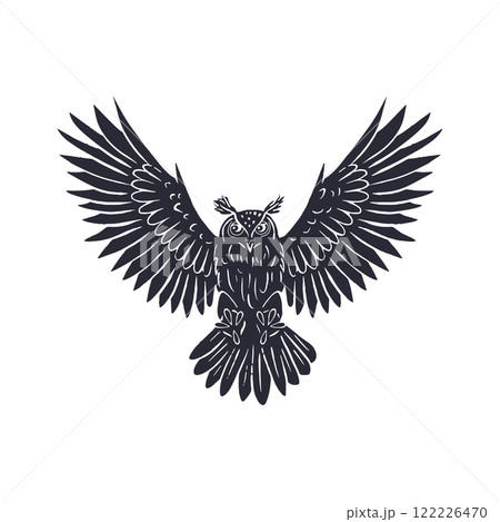 Hand drawn eagle-owl black silhouette flying isolated on white 122226470