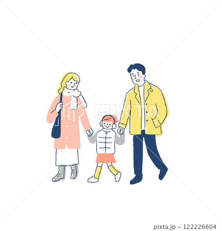 一緒に歩いている冬服の3人家族 122226604