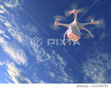 AI生成画像 青空に浮かぶ宅配ドローンのイメージ AI生成画像 青空に浮かぶ宅配ドローンのイメージ 122226752