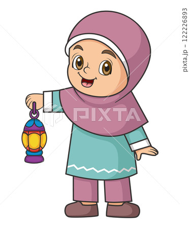 Happy Young Muslim Girl with Ramadan Lantern in Hand of illustration 122226893