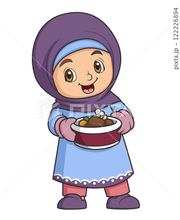 Happy Young Muslim Girl carrying food of illustration 122226894