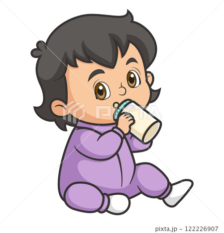 Baby Little girl with Cute Face Drink Milk from Bottle of illustration 122226907