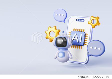 Chatbot technology 3d banner. Mobile phone with ai chip icon on screen, robot, speech bubble, gears render. Online chat bot service with artificial intelligence GPT, support assistant. 3D illustration 122227059