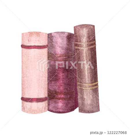Thick hardcover book spines composition with one book leaning on others watercolor isolated on white. Hand painted illustration perfect for library, bookstore, school, learning, labels, logo decor 122227068