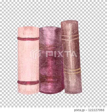 Thick hardcover book spines composition with one book leaning on others watercolor isolated on white. Hand painted illustration perfect for library, bookstore, school, learning, labels, logo decor 122227068