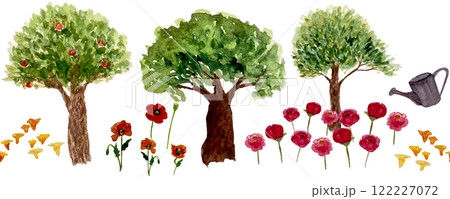 Trees, flowers, mushrooms, watering pot seamless border isolated on white. Watercolor sketch illustrations great for tote bag, tape, textile and stationary design. A girl favorite things clip art Trees, flowers, mushrooms, watering pot seamless border isolated on white. Watercolor sketch illustrations great for tote bag, tape, textile and stationary design. A girl favorite things clip art 122227072