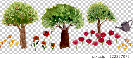 Trees, flowers, mushrooms, watering pot seamless border isolated on white. Watercolor sketch illustrations great for tote bag, tape, textile and stationary design. A girl favorite things clip art 122227072