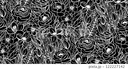 Seamless black-and-white floral pattern featuring roses, blossoms, and detailed leaves. Perfect for textiles, wallpapers, wrapping paper, branding, packaging, and digital or print design projects. Seamless black-and-white floral pattern featuring roses, blossoms, and detailed leaves. Perfect for textiles, wallpapers, wrapping paper, branding, packaging, and digital or print design projects. 122227142