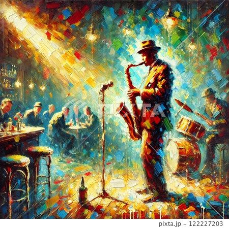 バーで演奏するサックス奏者1 油絵風イラスト ジャズバンド【AI生成 バーで演奏するサックス奏者1 油絵風イラスト ジャズバンド【AI生成