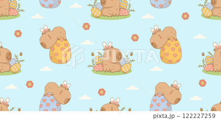 Easter Seamless pattern. Funny cute capybara in bunny ears with paschal decoration eggs on blue background with flowers. Holiday cartoon kawaii animal. Horizontal Vector illustration. Kids collection Easter Seamless pattern. Funny cute capybara in bunny ears with paschal decoration eggs on blue background with flowers. Holiday cartoon kawaii animal. Horizontal Vector illustration. Kids collection 122227259