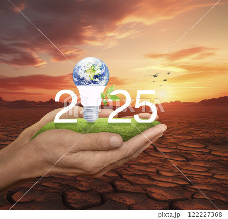 Happy new year 2025 green ecology and saving energy concept, Elements of this image furnished by NASA, Generative AI 122227368