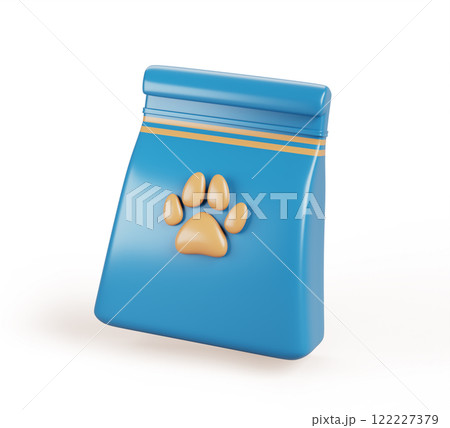 3d pet food package with paw print of dog or cat render icon. Blue paper or plastic bag with feed, treat or snack for domestic animals. Petshop product isolated on white background. 3D illustration 122227379