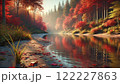 朝日に照らされる紅葉の川辺 122227863