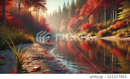 朝日に照らされる紅葉の川辺 122227863