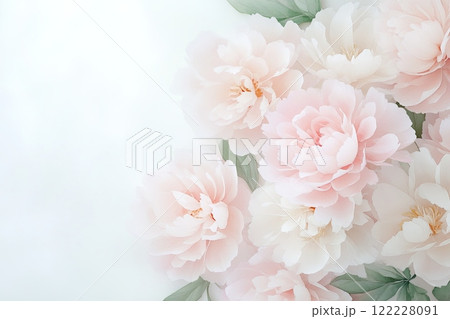 Delicate watercolor blush peonies arranged elegantly on a soft, ethereal background 122228091