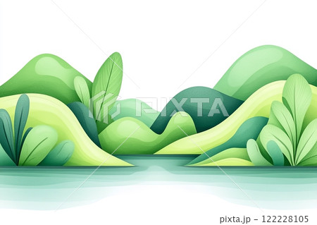 Tranquil lake surrounded by rolling green hills in soft pastel tones at sunrise with gentle ripples on the water 122228105