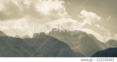 Wonderful wooded mountain and alpine panorama in Pongau Salzburg Austria. Wonderful wooded mountain and alpine panorama in Pongau Salzburg Austria. 122228163