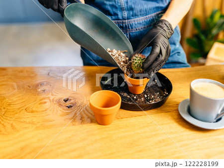 Close up of hands in gloves of unrecognizable housewife fills ceramic pot with soil to plant seedlings representing home gardening as a hobby. Concept of home garden. Spring time. Close up of hands in gloves of unrecognizable housewife fills ceramic pot with soil to plant seedlings representing home gardening as a hobby. Concept of home garden. Spring time. 122228199
