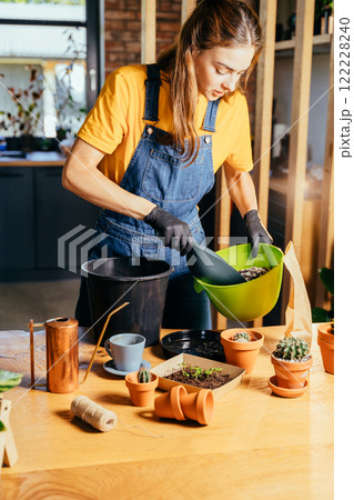 Vertical shot of busy housewife prepared for transplanting plants, cactus, on modern wooden table at home interior. Concept of home garden. Spring time. 122228240