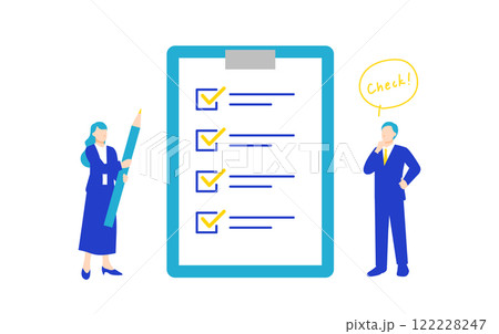 チェックマークのついた書類の横で考えるビジネスマンと鉛筆を持つビジネスウーマンのイラスト 122228247