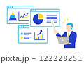 データ分析と戦略を解説するビジネスプレゼンテーションのフラットデザインイラスト 122228251