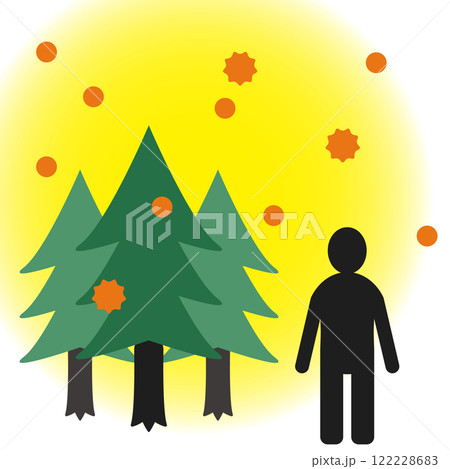 花粉を飛ばすスギ・ヒノキと人間のイメージイラスト　白背景 122228683