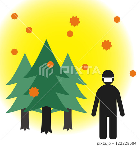 花粉を飛ばすスギ・ヒノキと、マスクをつけている人間のイメージイラスト　白背景 122228684