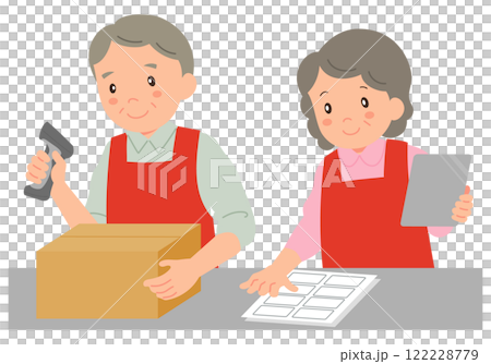 Senior men and women in aprons working in a warehouse 122228779