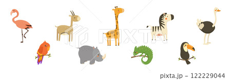 Funny African Animal and Wild Fauna Vector Set. Wildlife and Exotic Zoo Mammal of Savannah 122229044