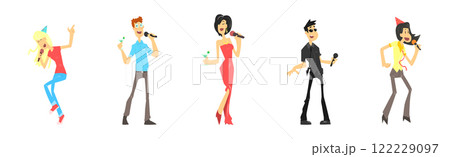 People Character Dancing and Singing in Karaoke Club Vector Set 122229097