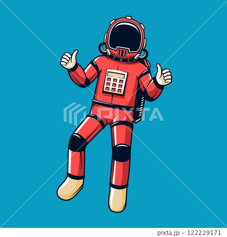 Astronaut in red spacesuit floating, while giving a thumbs up. Astronaut in red spacesuit floating, while giving a thumbs up. 122229171
