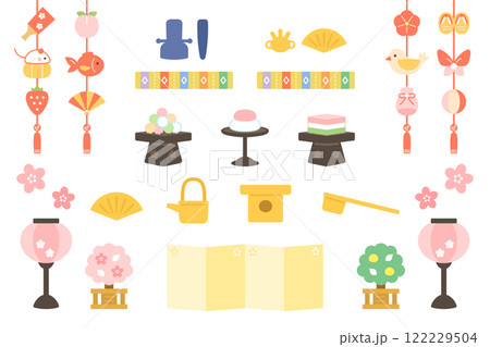 ひな飾りの道具のイラストセット ひな人形 ひな祭り ひな飾りの道具のイラストセット ひな人形 ひな祭り 122229504