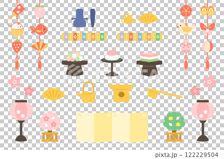 ひな飾りの道具のイラストセット ひな人形 ひな祭り ひな飾りの道具のイラストセット ひな人形 ひな祭り 122229504