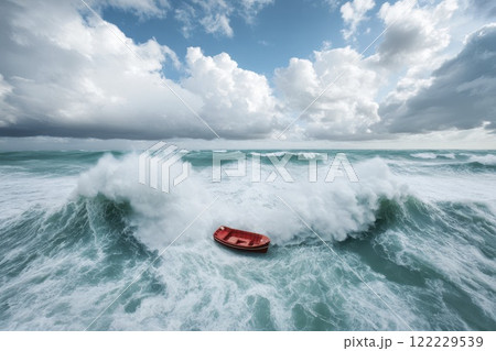 Wild ocean waves crash around a small red boat battling nature's powerful forces in an intense seascape. Generative AI 122229539