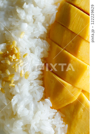 Delicious Mango sticky rice, Thai dessert from sticky rice, ripe mango, coconut milk. 122229629