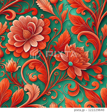 Abstract seamless vintage floral pattern with bright red flowers contrasting a green background with decorative flowers, leaves and swirls. Designed for spring-themed wallpaper, textiles or decor. Abstract seamless vintage floral pattern with bright red flowers contrasting a green background with decorative flowers, leaves and swirls. Designed for spring-themed wallpaper, textiles or decor. 122229640