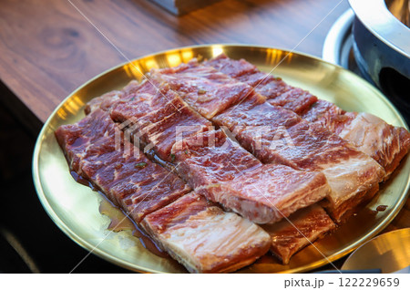 Korean traditional BBQ food. raw beef ribs Korean traditional BBQ food. raw beef ribs 122229659