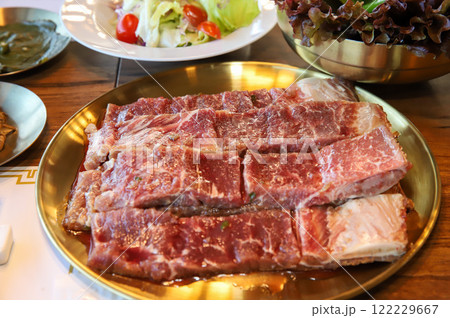 Korean traditional BBQ food. raw beef ribs 122229667