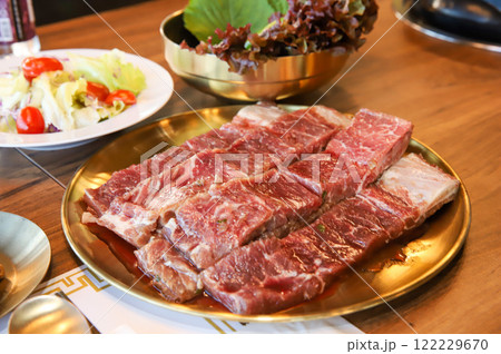 Korean traditional BBQ food. raw beef ribs 122229670
