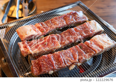 Korean traditional BBQ food. raw beef ribs 122229676