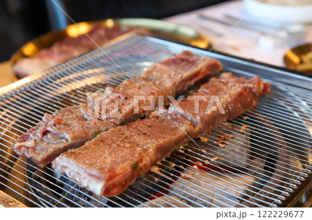 Korean traditional BBQ food. raw beef ribs 122229677