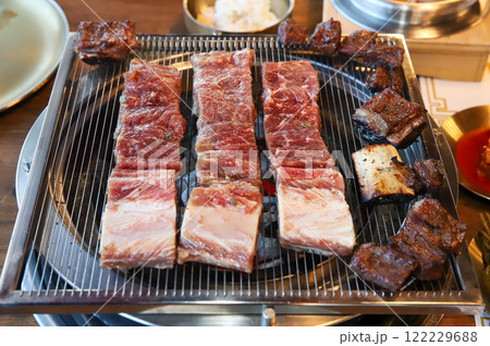 Korean traditional BBQ food. raw beef ribs Korean traditional BBQ food. raw beef ribs 122229688
